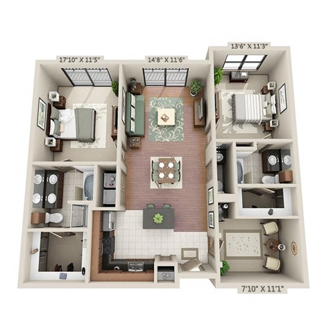 A 3D floor plan of a house with a living room, kitchen, dining room, and two bedrooms.